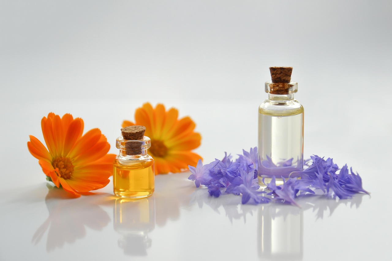 two bottles of essential oils for natural therapy.
